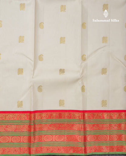 Beautiful Korvai White Pure Kanjivaram Silk Saree With Contrast Red Traditional Border