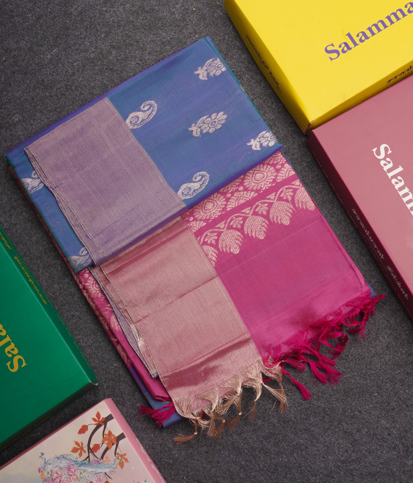 Peacock Blue Pure Silk Mix Soft Silk Saree With Contrast Pink Shade Blouse