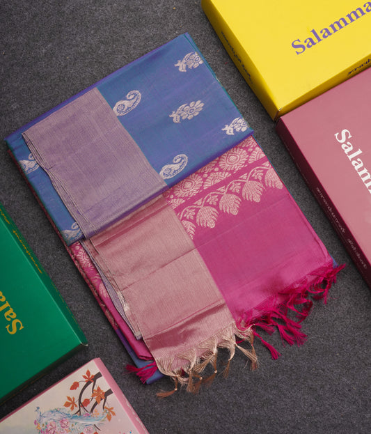 Peacock Blue Pure Silk Mix Soft Silk Saree With Contrast Pink Shade Blouse