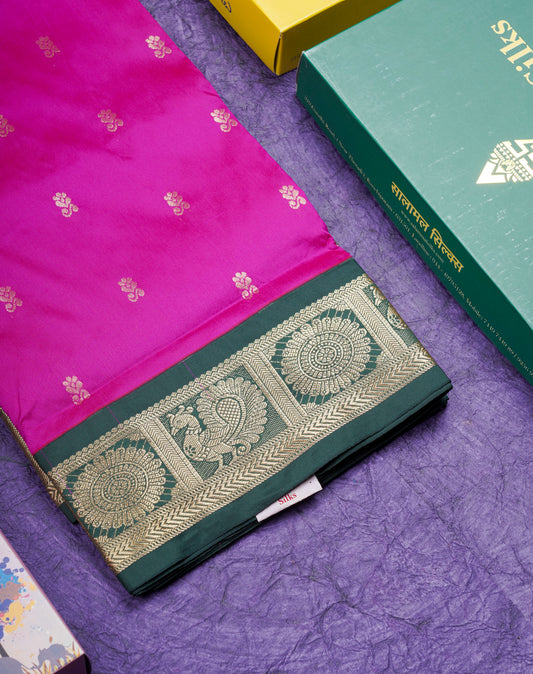 9 Yards Semi Silk Saree Magenta Pink With Contrast Bottle Green Border