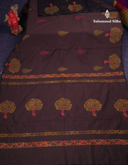Beautiful Brown South Cotton Printed Saree With Contrast Mustard Yellow Blouse