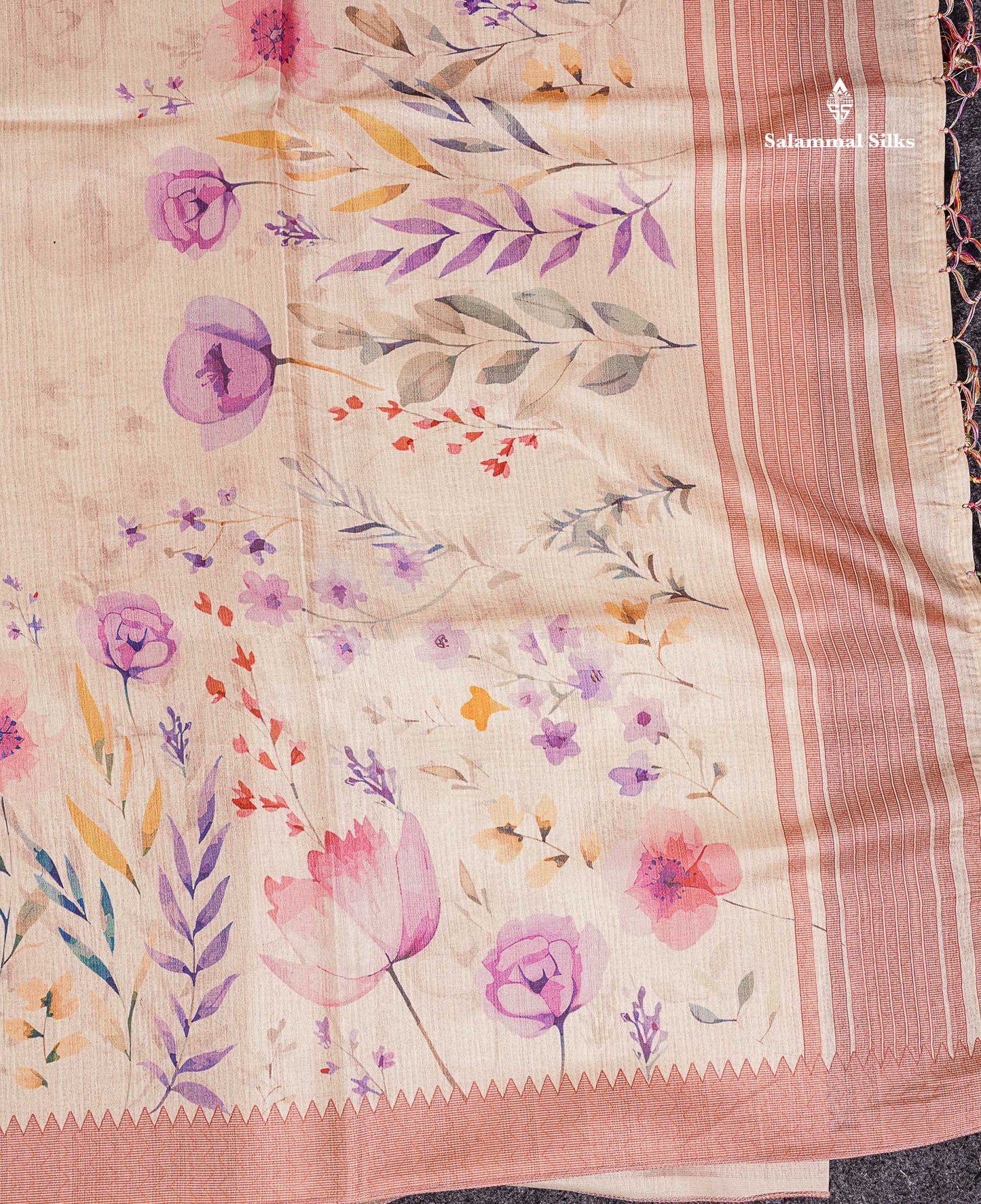 Semi Tussar Saree - Sandal Plain Along With Floral Design & Contrast Peach Border