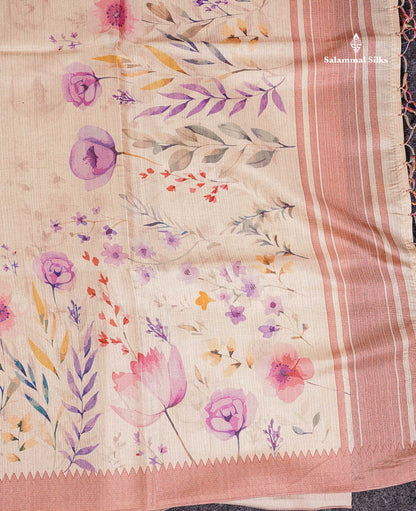Semi Tussar Saree - Sandal Plain Along With Floral Design & Contrast Peach Border