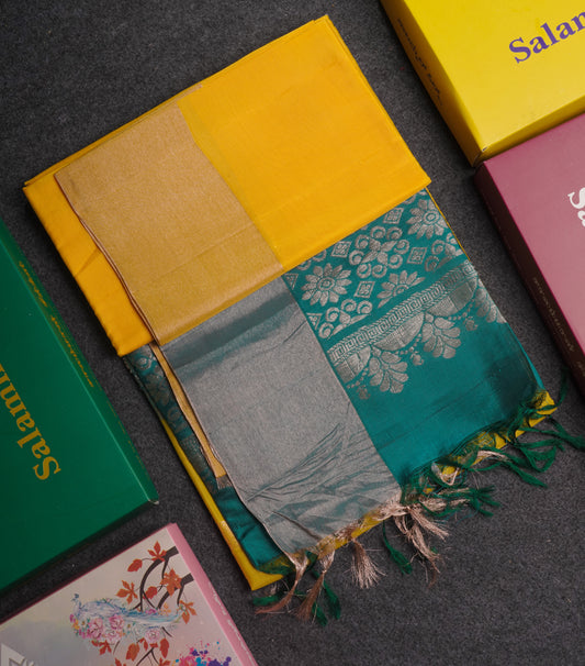 Yellow Pure Silk Mix Soft Silk Saree With Contrast Peacock Green Blouse