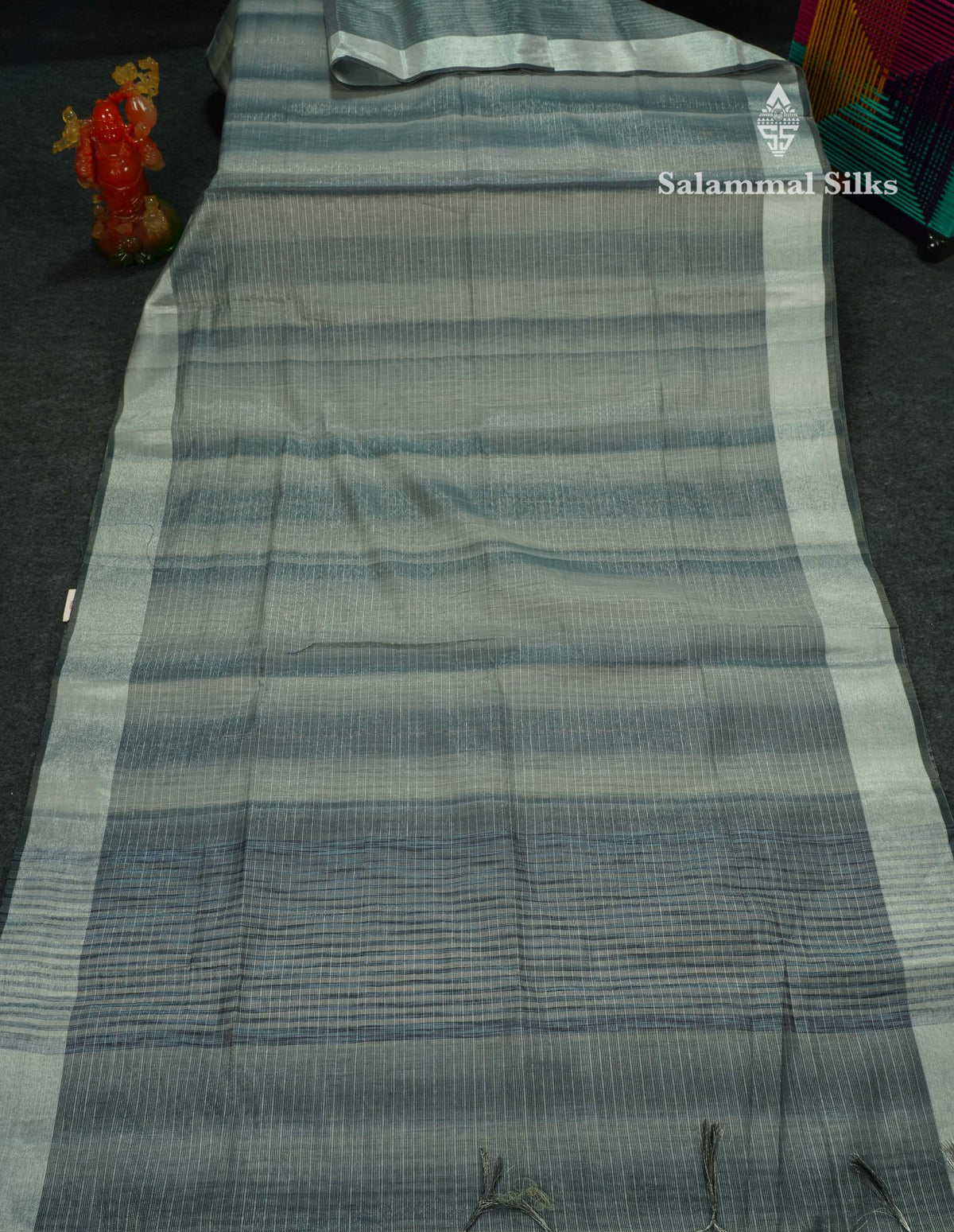 Beautiful Blueish Grey Linen Cotton Mix Saree With Fancy Tissue Border