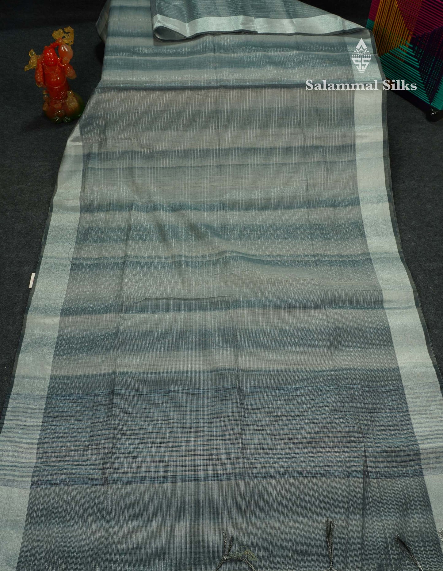 Beautiful Blueish Grey Linen Cotton Mix Saree With Fancy Tissue Border
