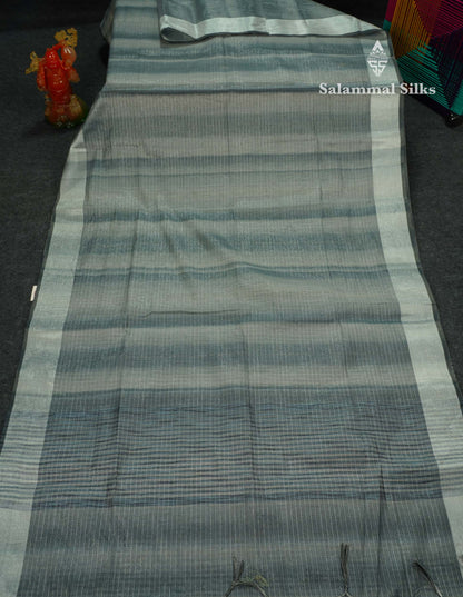 Beautiful Blueish Grey Linen Cotton Mix Saree With Fancy Tissue Border