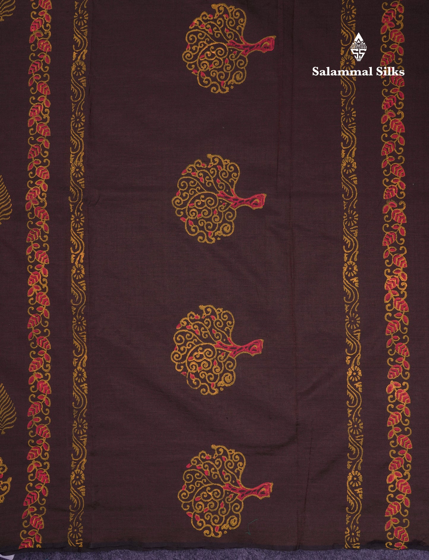 Beautiful Brown South Cotton Printed Saree With Contrast Mustard Yellow Blouse