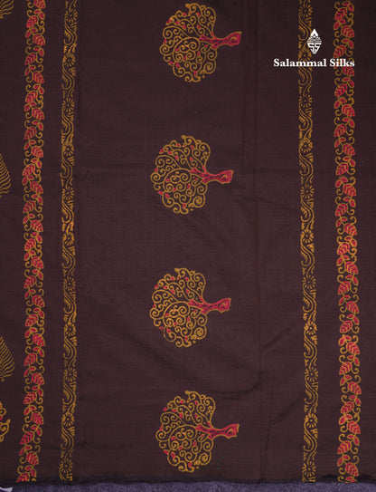 Beautiful Brown South Cotton Printed Saree With Contrast Mustard Yellow Blouse