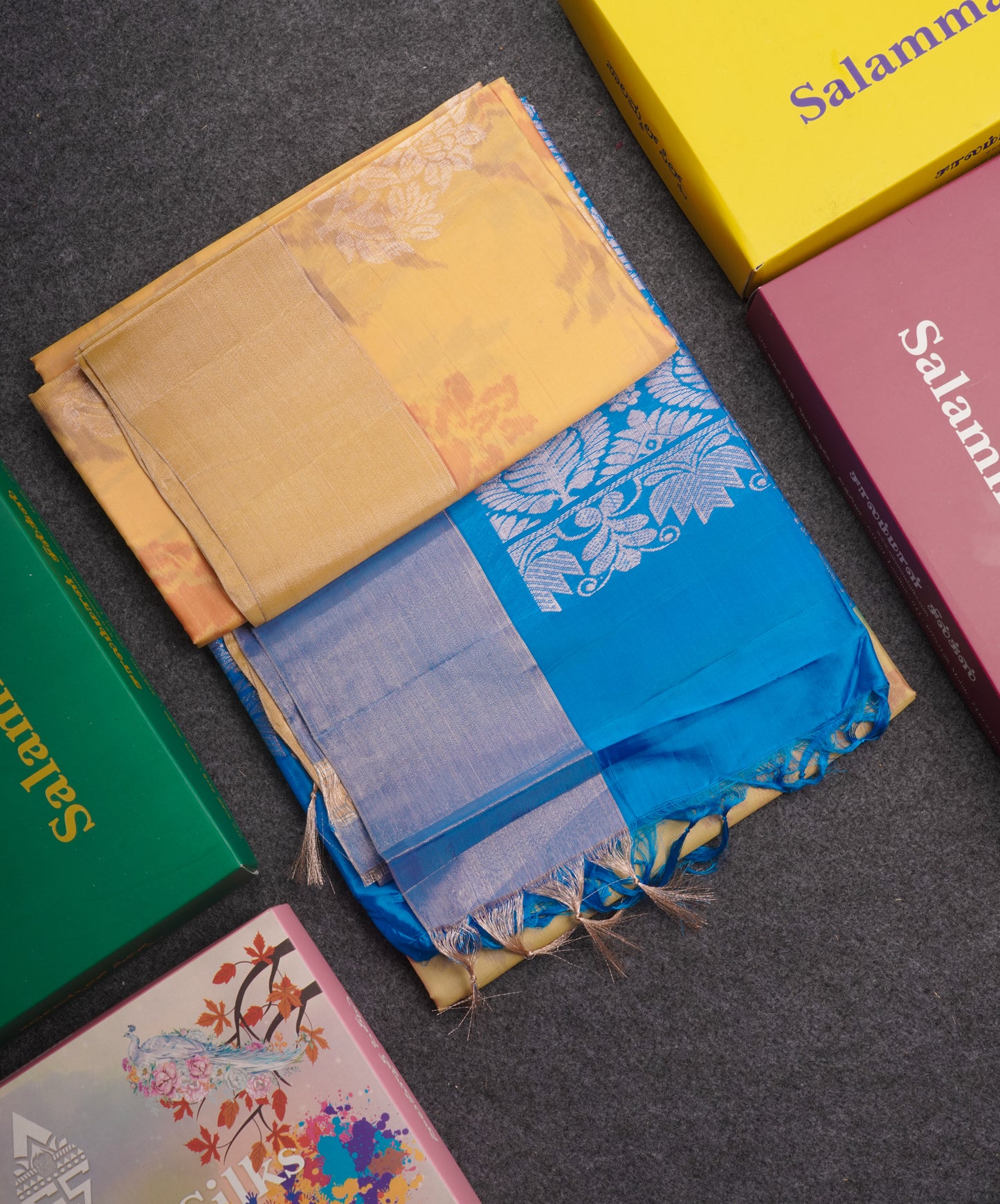 Sandal Pochampally Design Pure Silk Mix Soft Silk Saree With Contrast Blue Blouse