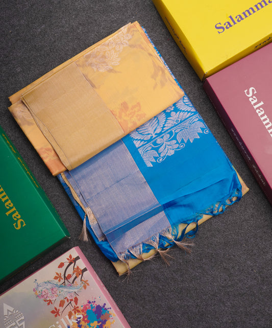 Sandal Pochampally Design Pure Silk Mix Soft Silk Saree With Contrast Blue Blouse
