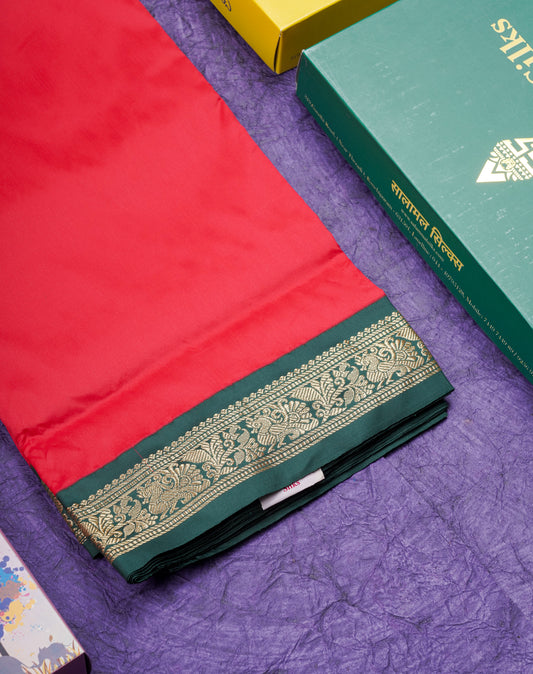 9 Yards Semi Silk Saree Chilly Red With Contrast Bottle Green Small Border
