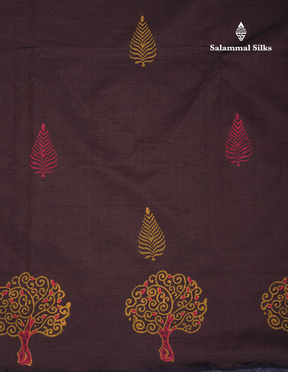 Beautiful Brown South Cotton Printed Saree With Contrast Mustard Yellow Blouse