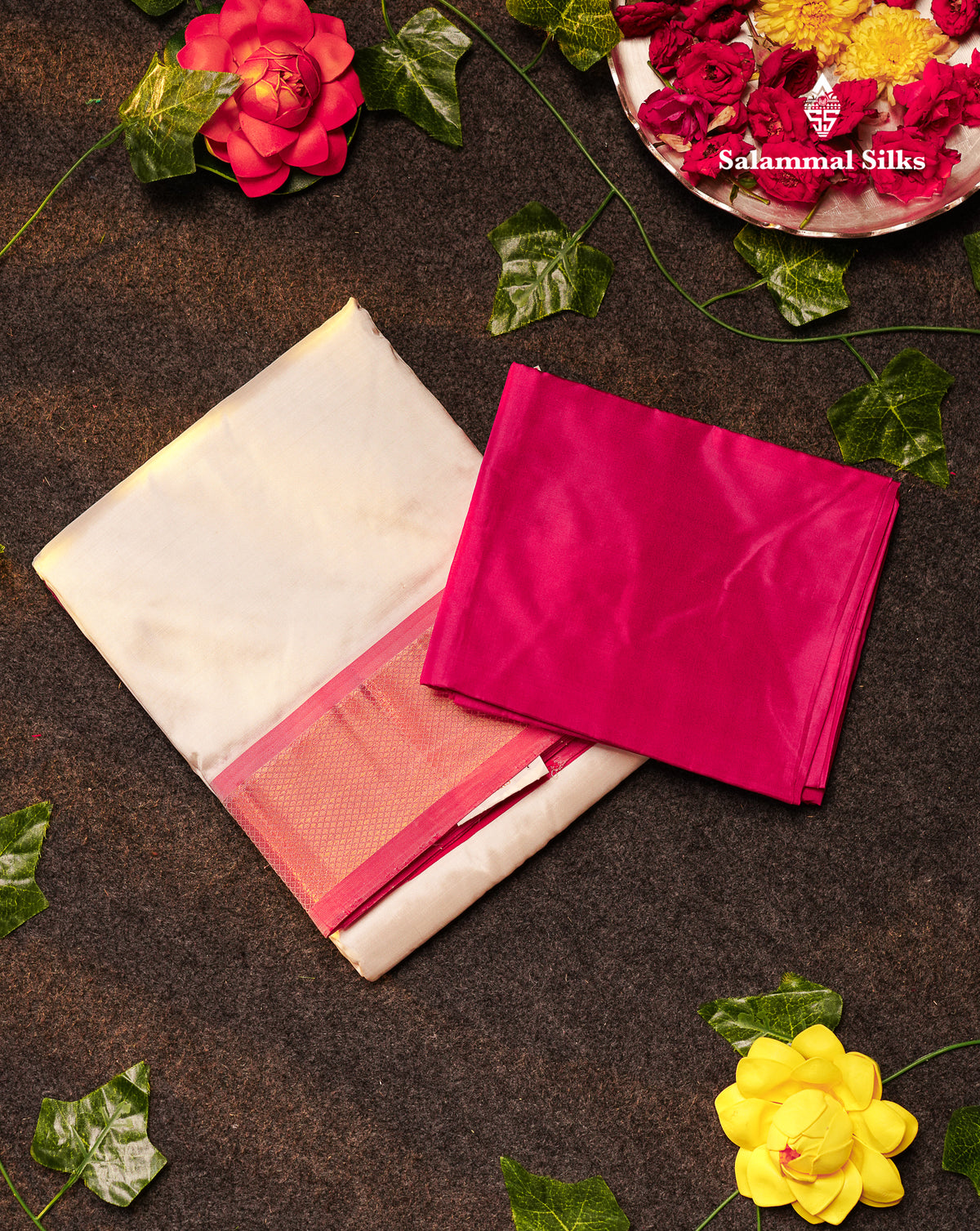 Half White Pure Silk (9x5) Dhoti, Angavastram & Shirt (2.50M) with Magenta Border