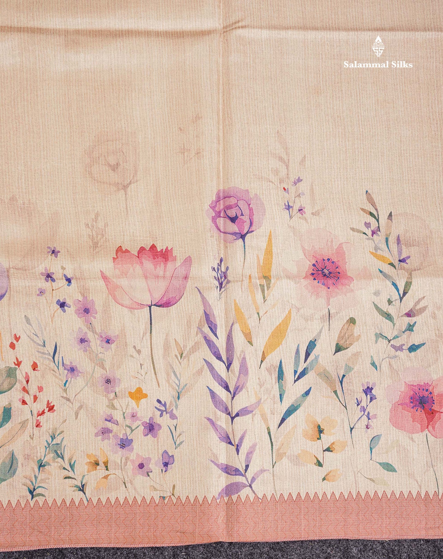 Semi Tussar Saree - Sandal Plain Along With Floral Design & Contrast Peach Border