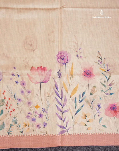 Semi Tussar Saree - Sandal Plain Along With Floral Design & Contrast Peach Border