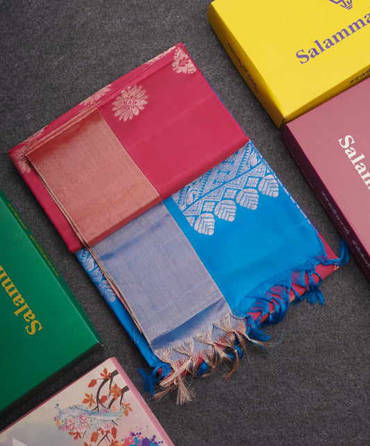 Pinkish Red Pure Silk Mix Soft Silk Saree With Contrast Blue Blouse