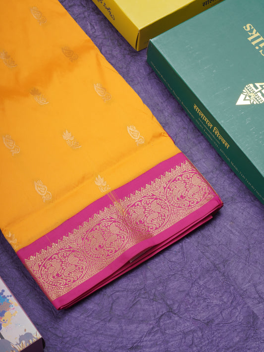 9 Yards Semi Silk Saree Mango Yellow With Contrast Pink Border