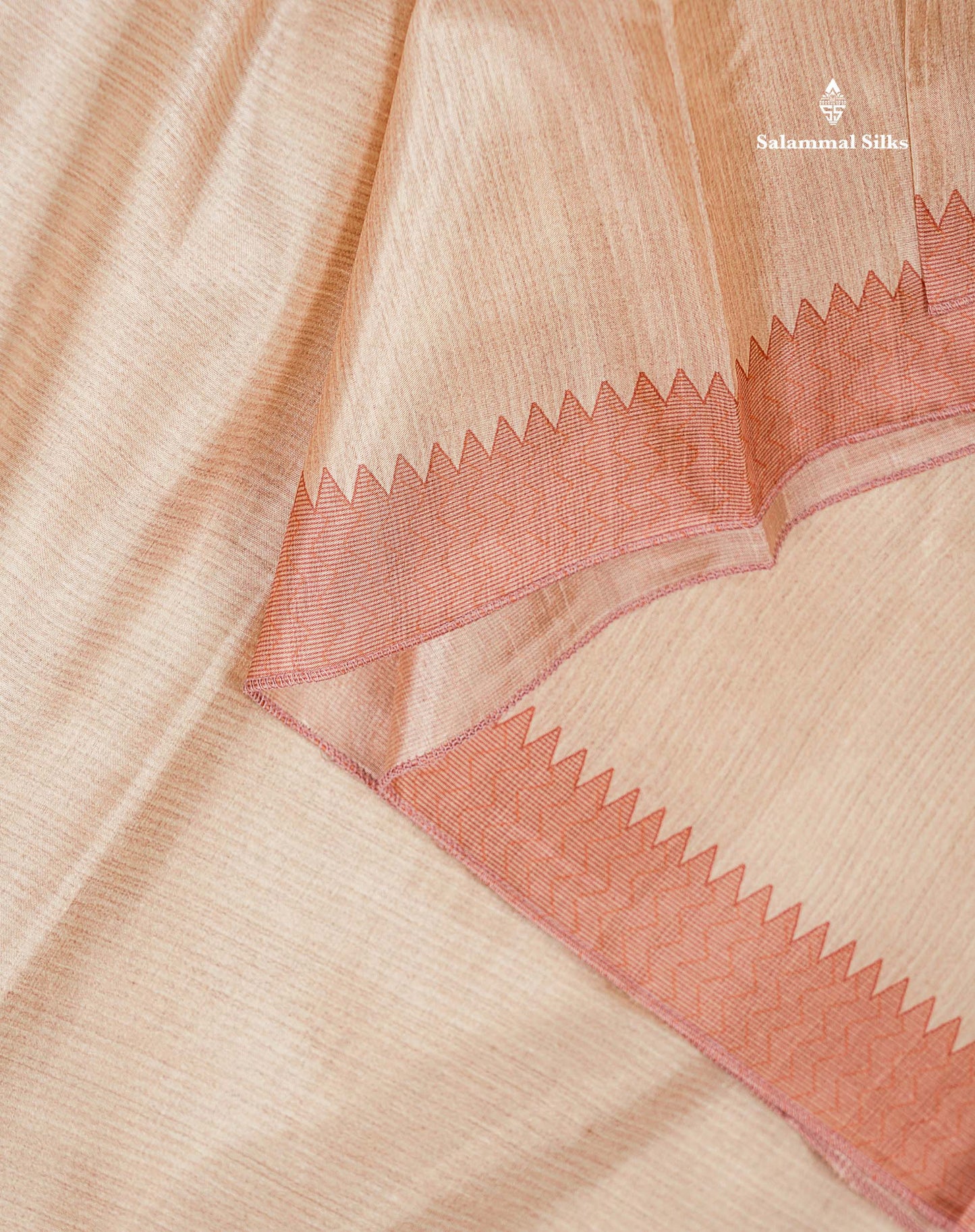 Semi Tussar Saree - Sandal Plain Along With Floral Design & Contrast Peach Border
