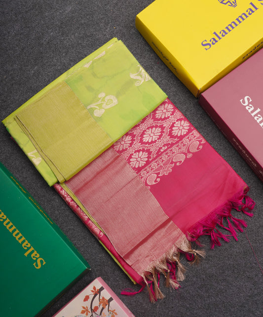 Parrot Green Pochampally Design Pure Silk Mix Soft Silk Saree With Contrast Pink Blouse