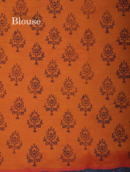 Beautiful Brown South Cotton Printed Saree With Contrast Mustard Yellow Blouse
