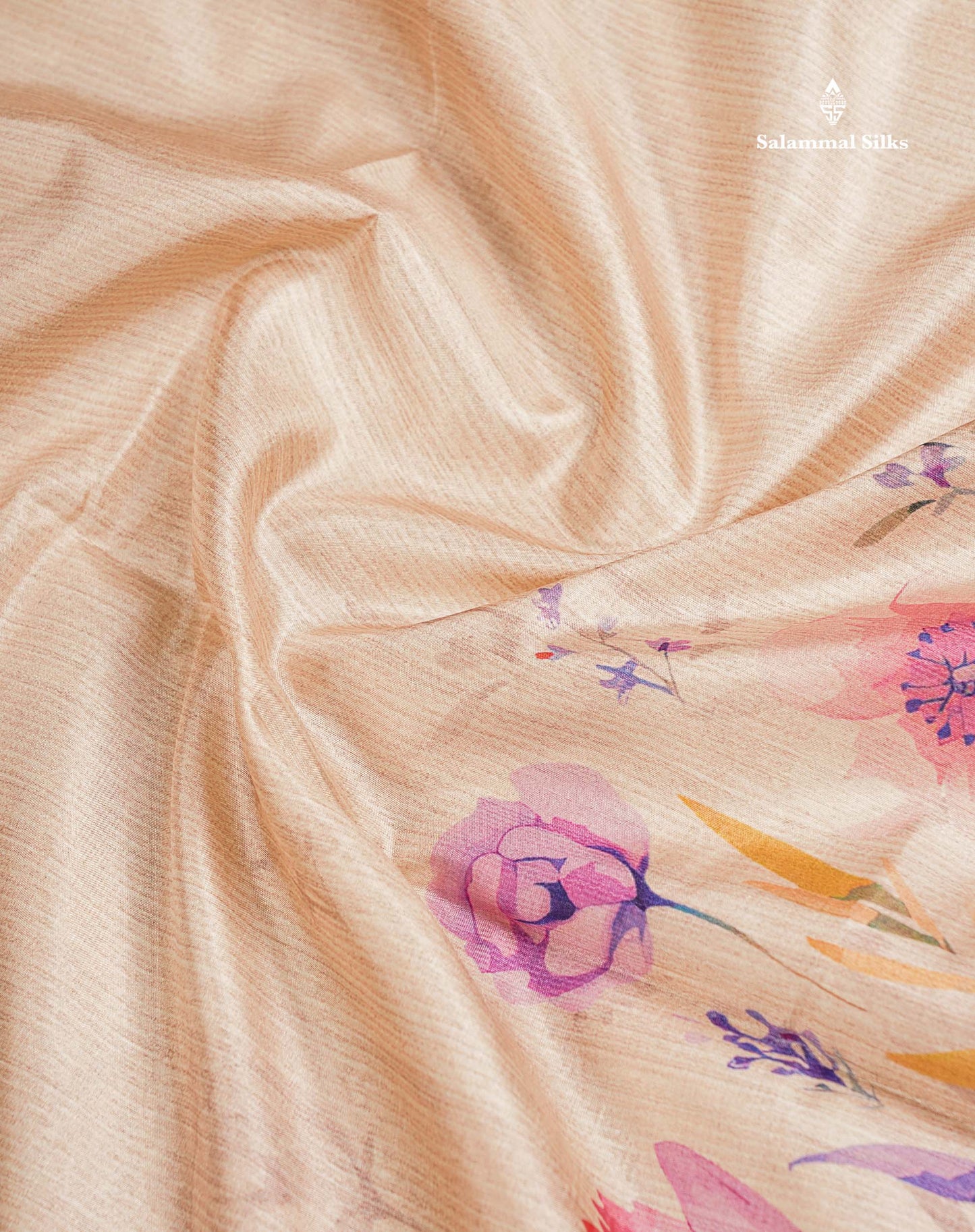 Semi Tussar Saree - Sandal Plain Along With Floral Design & Contrast Peach Border