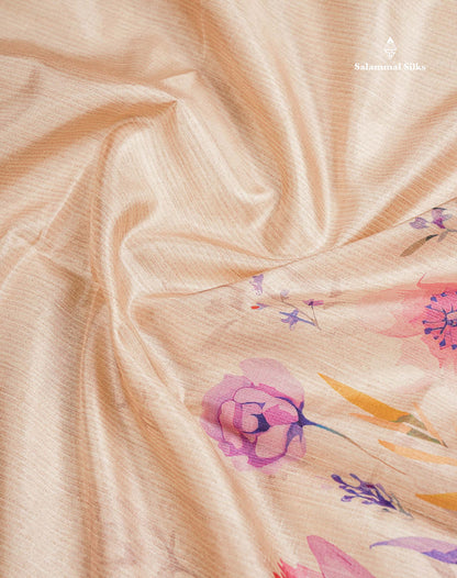 Semi Tussar Saree - Sandal Plain Along With Floral Design & Contrast Peach Border
