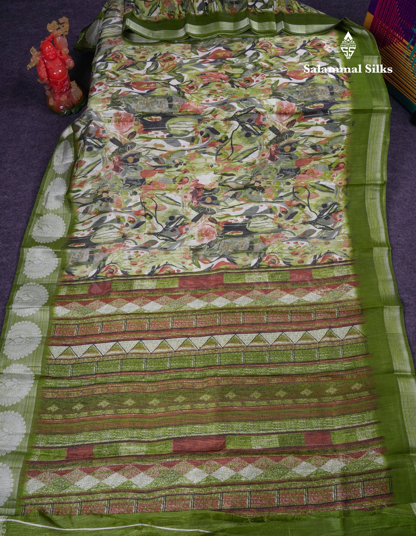 Beautiful Multicolour Mixed Cotton Saree With Contrast Army Green Fancy Tissue Border