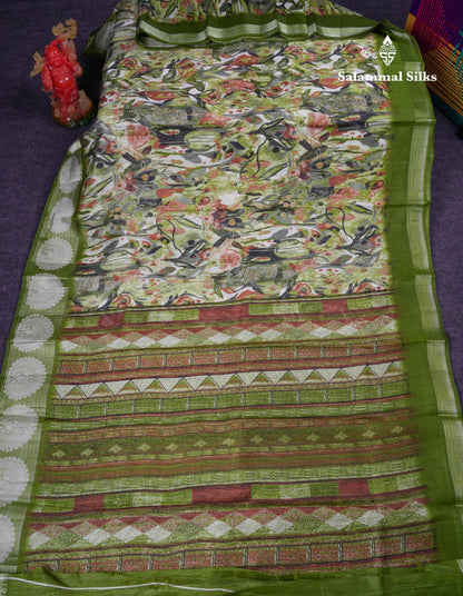 Beautiful Multicolour Mixed Cotton Saree With Contrast Army Green Fancy Tissue Border