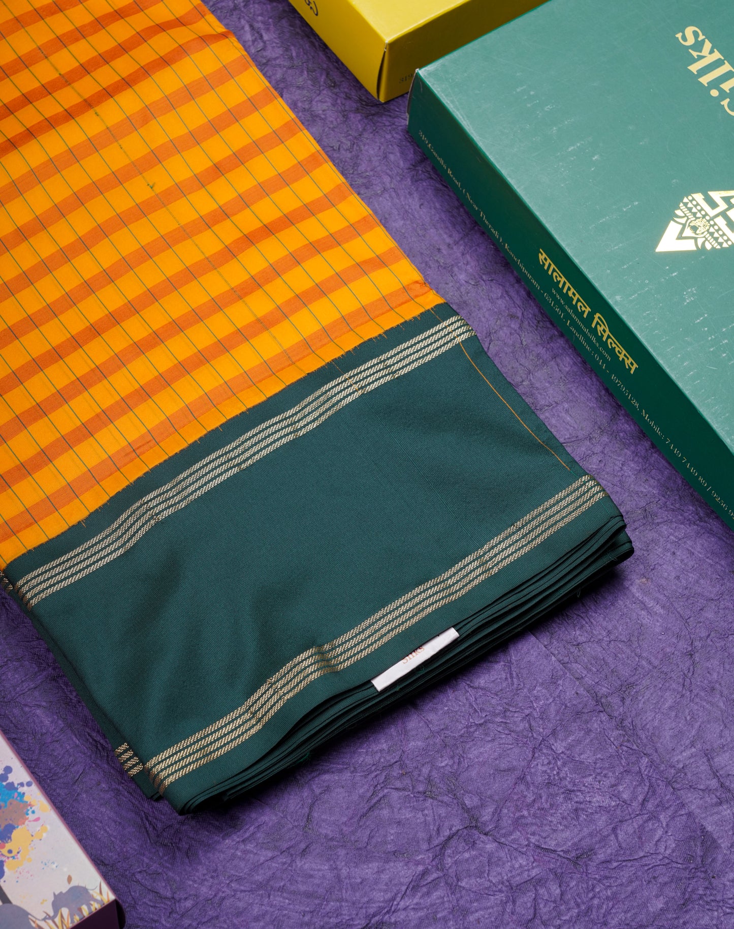 9 Yards Semi Silk Saree Orange & Rust Orange Checks with Bottle Green Double Border
