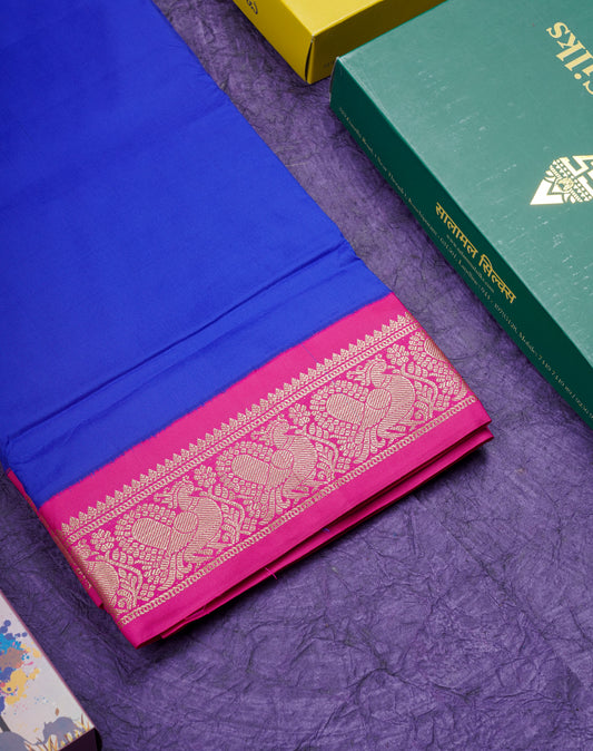 9 Yards Semi Silk Saree Royal Blue With Contrast Pink Border