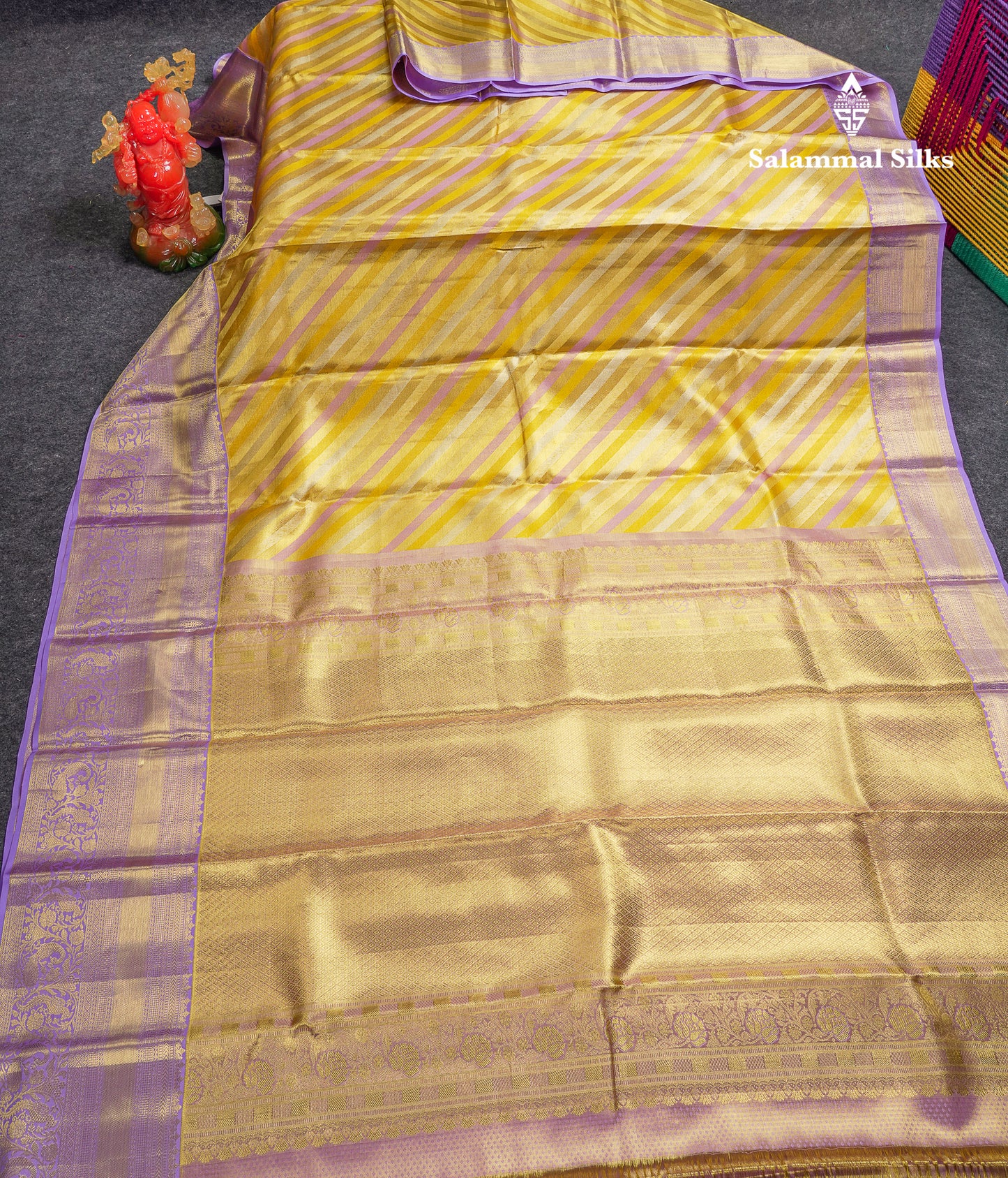 Beautiful Gold Tissue Pure Kanjivaram Silk Saree With Contrast Lavender Traditional Evening Morning Border