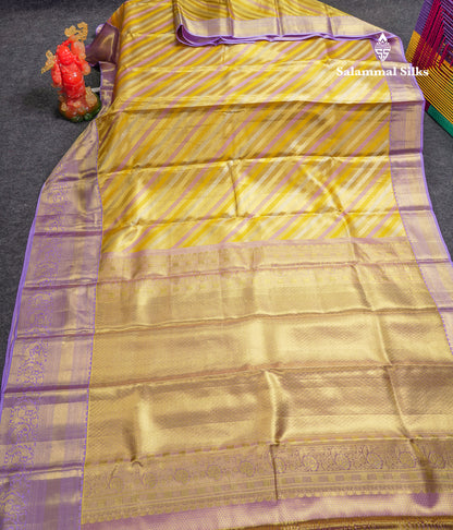 Beautiful Gold Tissue Pure Kanjivaram Silk Saree With Contrast Lavender Traditional Evening Morning Border