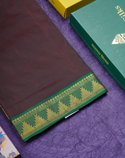 10 Yards Art Silk Saree Dark Brown with Contrast Green Temple Border