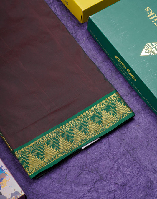 10 Yards Art Silk Saree Dark Brown with Contrast Green Temple Border