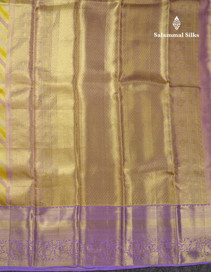 Beautiful Gold Tissue Pure Kanjivaram Silk Saree With Contrast Lavender Traditional Evening Morning Border