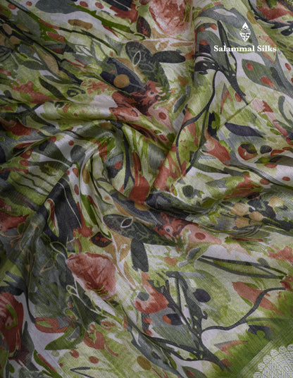 Beautiful Multicolour Mixed Cotton Saree With Contrast Army Green Fancy Tissue Border