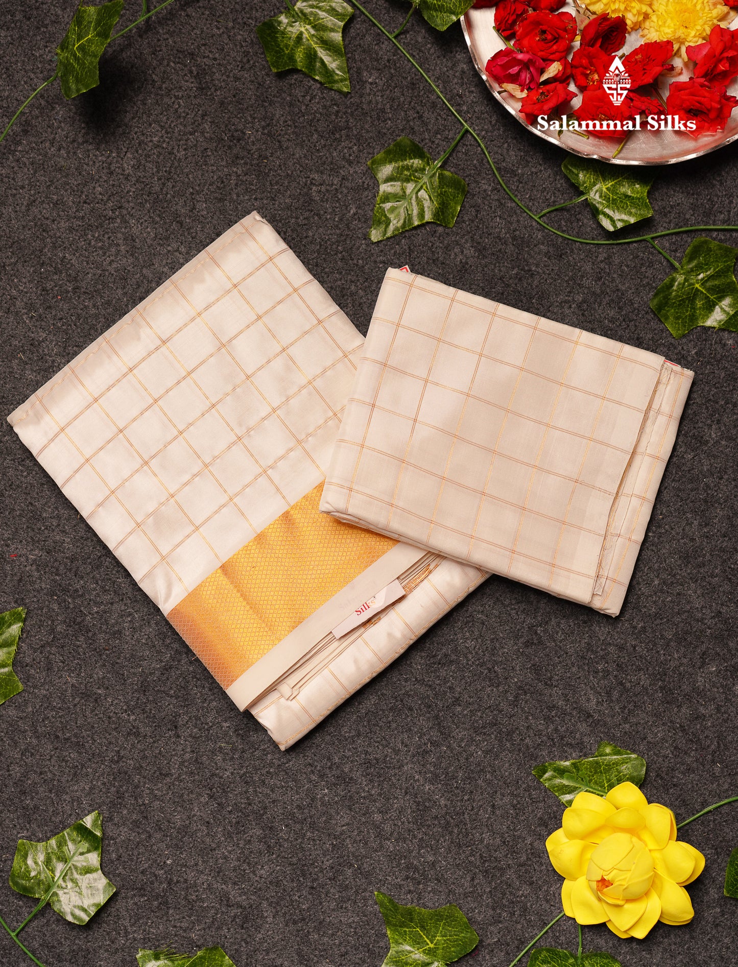 Half White Pure Silk Dhoti With Body Checks, Angavastram & Shirt (2.50M) with Golden Zari Border
