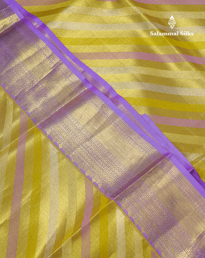 Beautiful Gold Tissue Pure Kanjivaram Silk Saree With Contrast Lavender Traditional Evening Morning Border