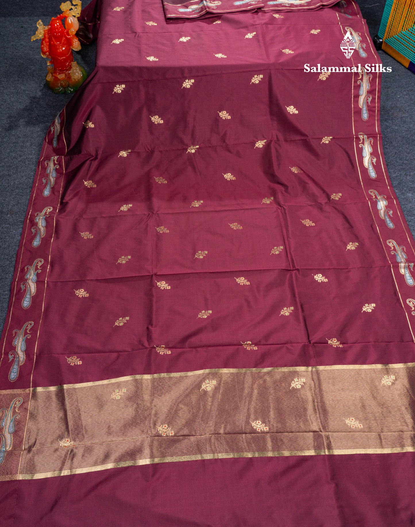 Dark Maroon Menakari Work Semi Soft Silk Saree With Fancy Border