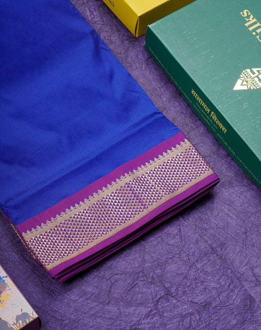 9.5 Yards Semi Silk Saree Plain Royal Blue With Traditional Purple Border
