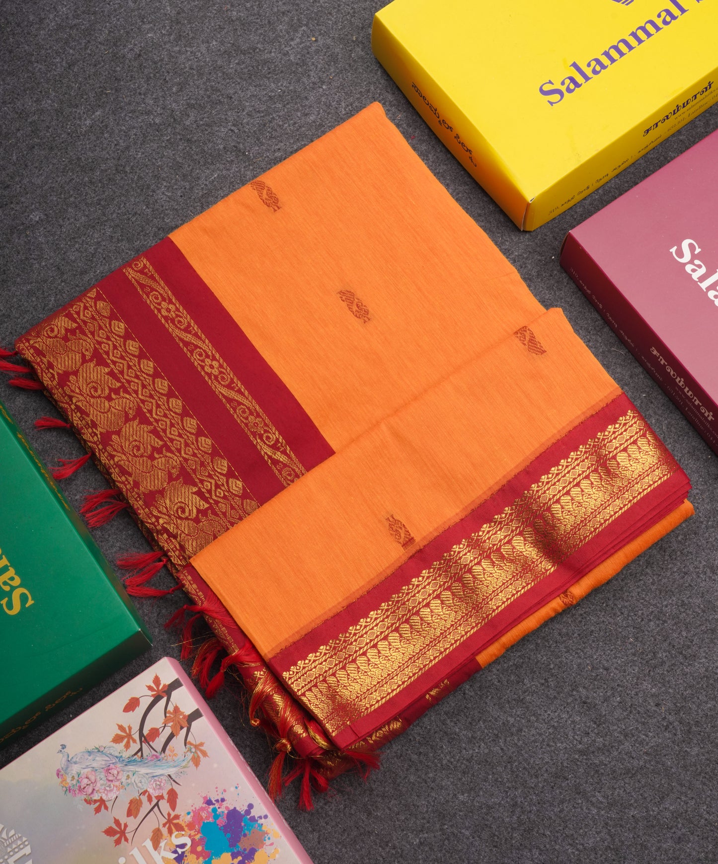Mango Yellow Kalyani Cotton Saree With Contrast Red Border