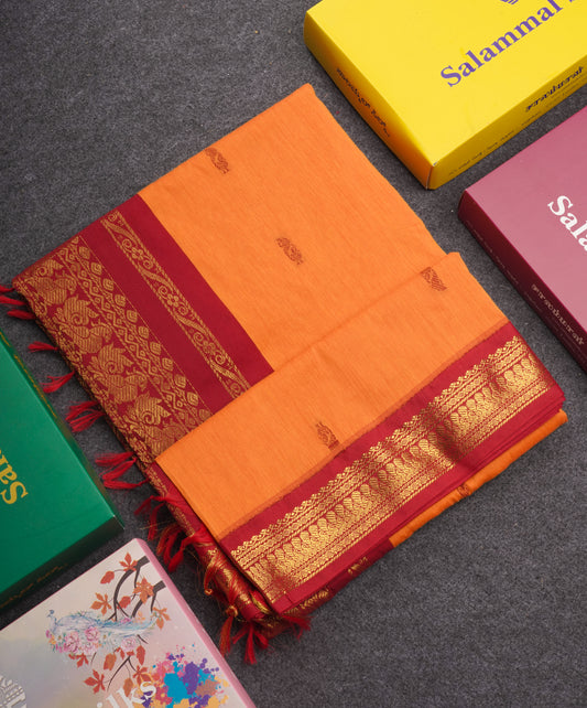 Mango Yellow Kalyani Cotton Saree With Contrast Red Border