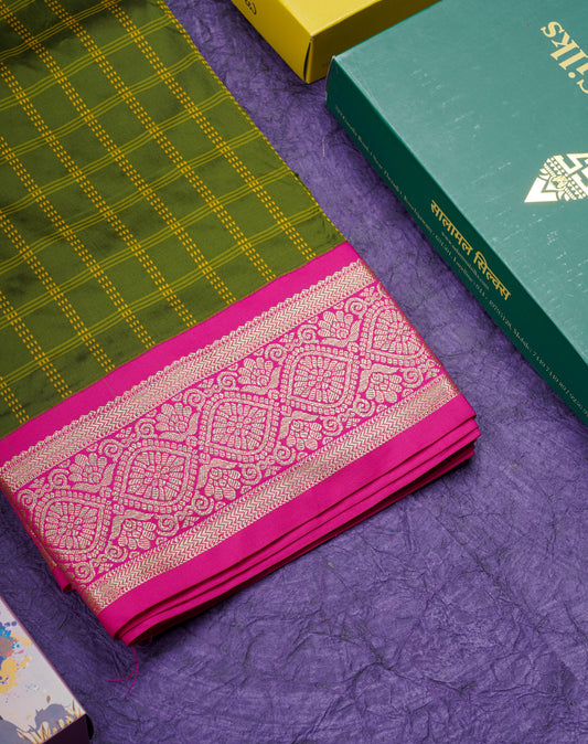 9 Yards Semi Silk Saree Army Green With Contrast Pink Border