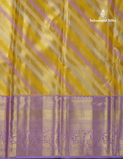 Beautiful Gold Tissue Pure Kanjivaram Silk Saree With Contrast Lavender Traditional Evening Morning Border