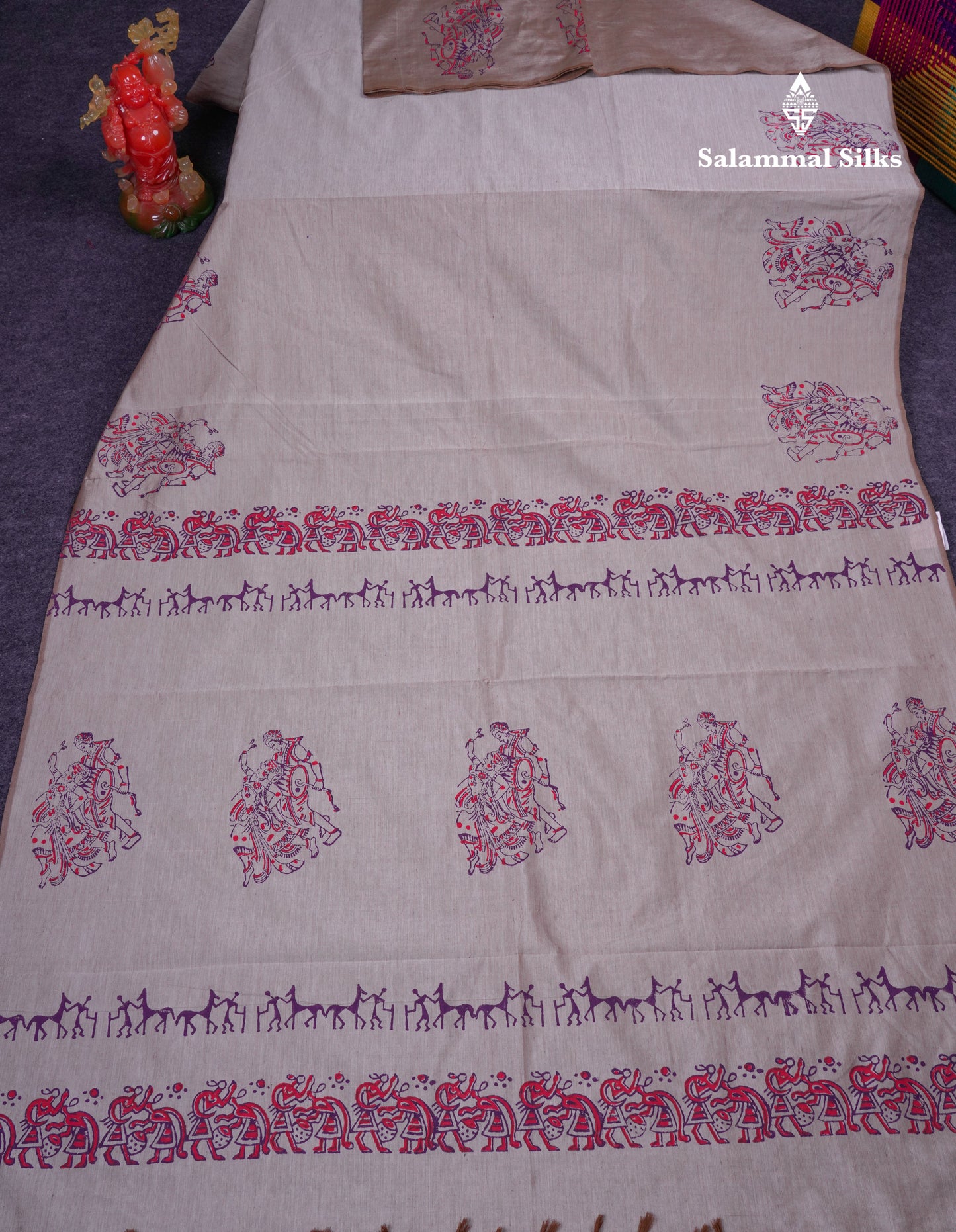 Beautiful Cream Grey South Cotton Printed Saree With Contrast Dark Purple Blouse