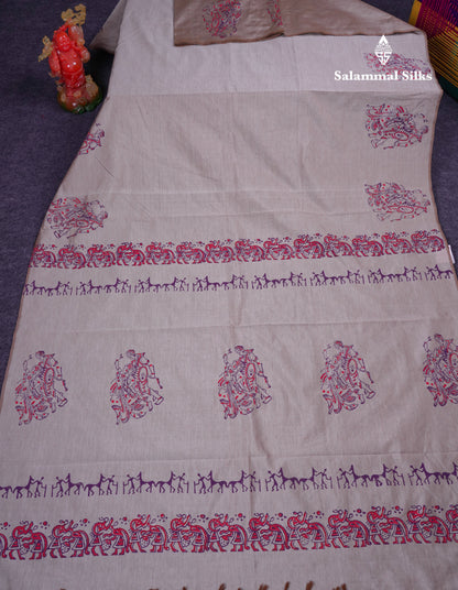 Beautiful Cream Grey South Cotton Printed Saree With Contrast Dark Purple Blouse