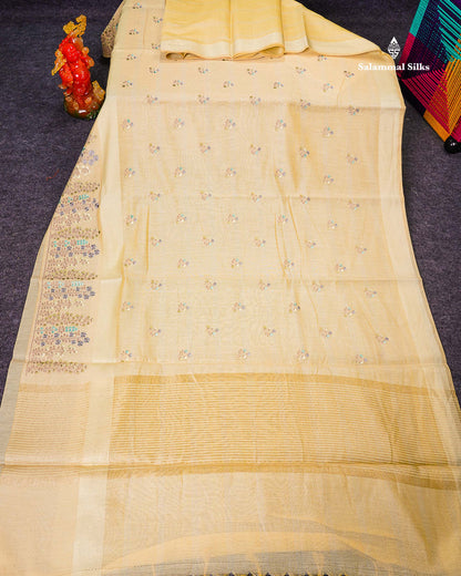 Linen Mix Tissue Saree - Light Yellow Vaira Oosi  Lines Along With Embroidery Design Fancy Border