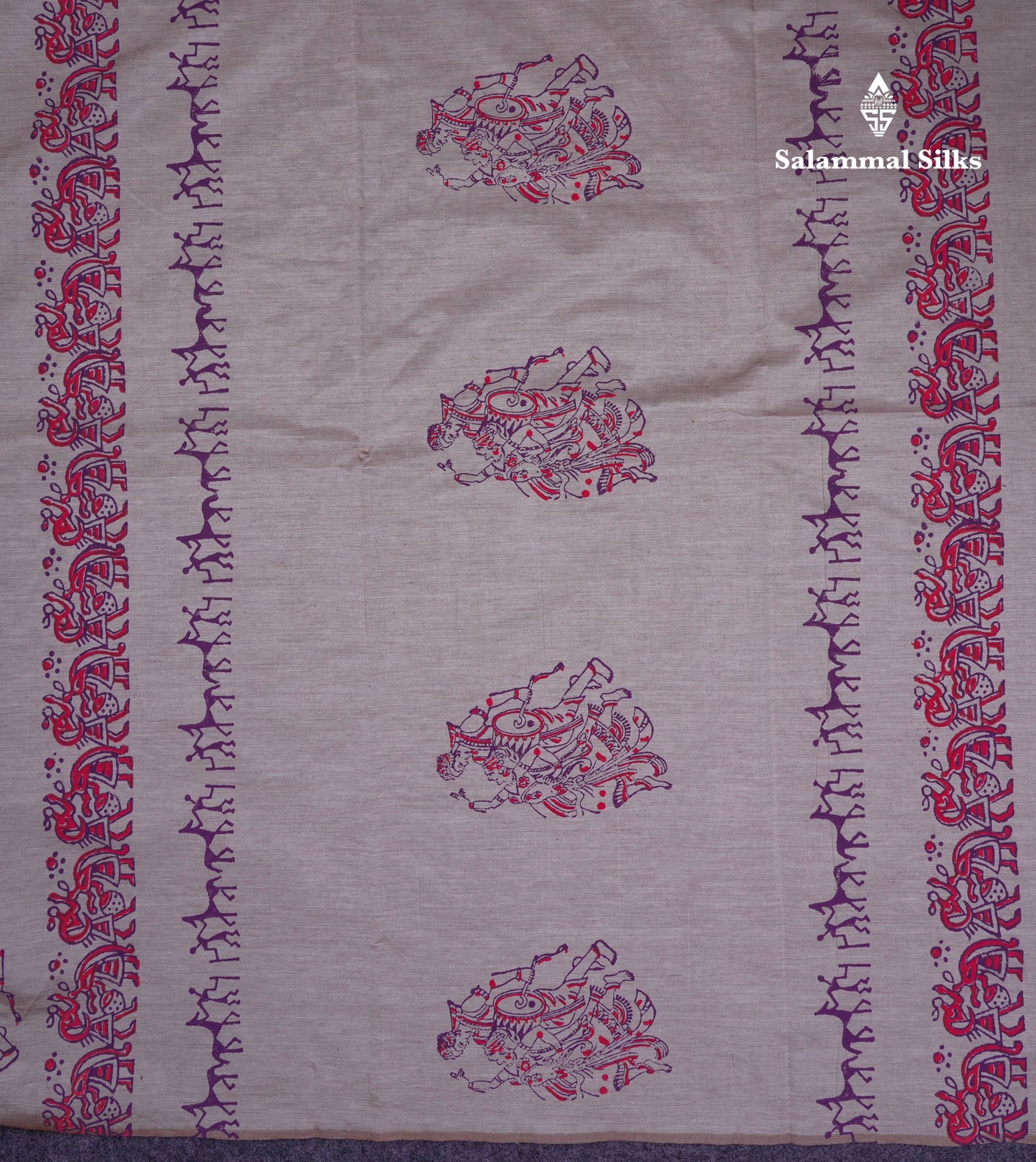 Beautiful Cream Grey South Cotton Printed Saree With Contrast Dark Purple Blouse