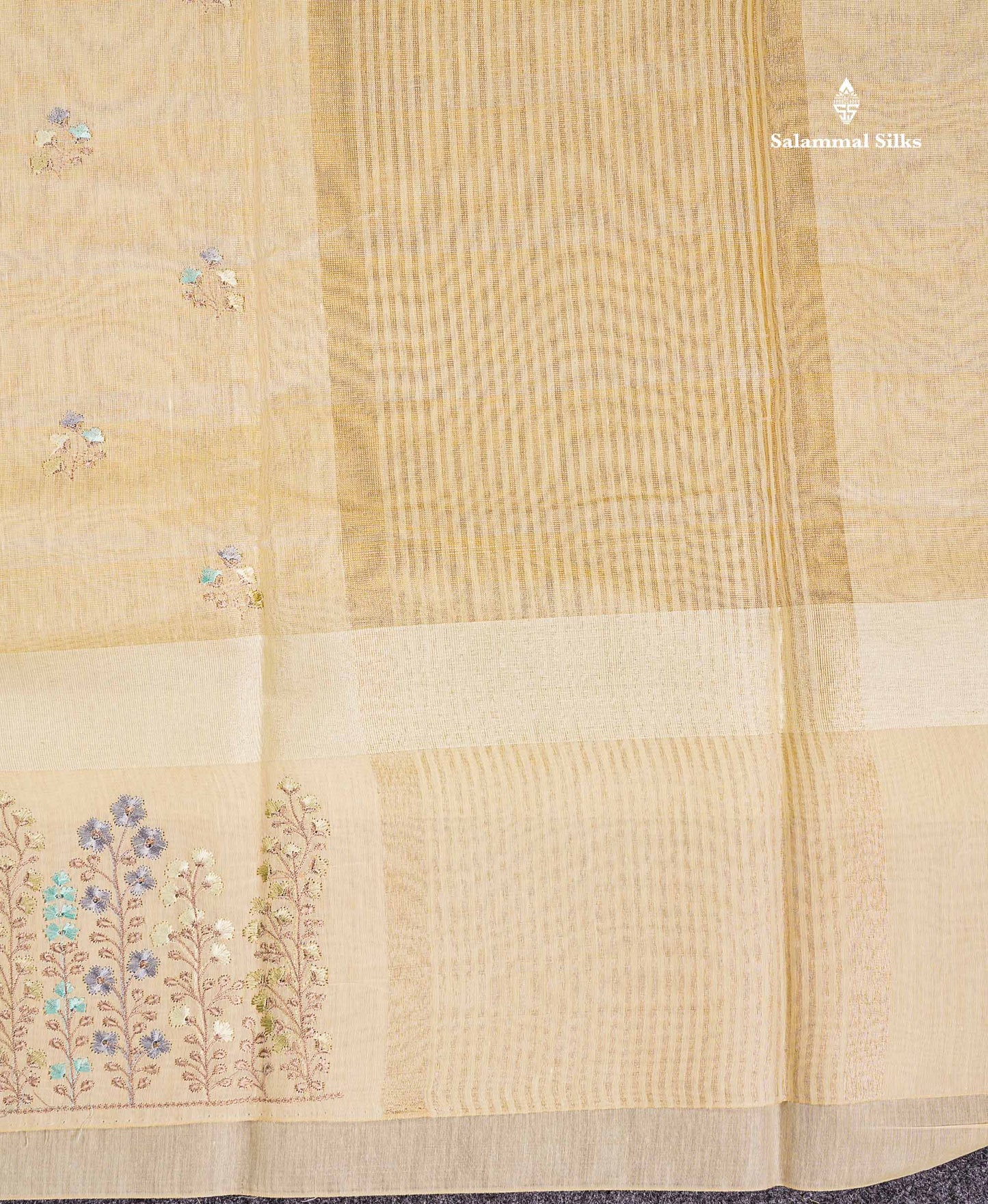 Linen Mix Tissue Saree - Light Yellow Vaira Oosi  Lines Along With Embroidery Design Fancy Border